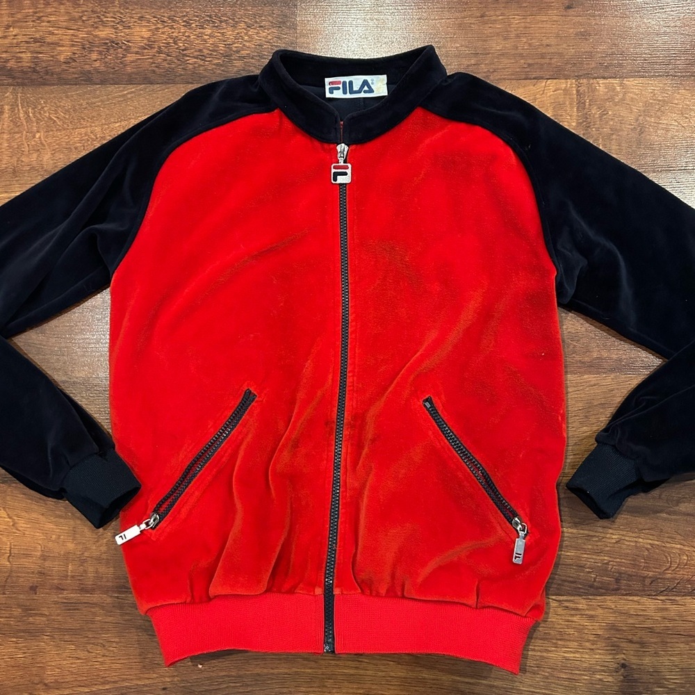 Vintage Fila Velour Track Jacket Red Black Full Zip Men’s Small